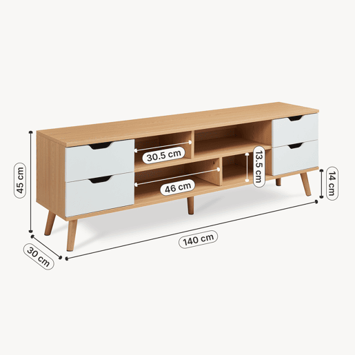 Móvel para TV Bordkak 4 gavetas 140x30x45 cm Carvalhobranco en.casa