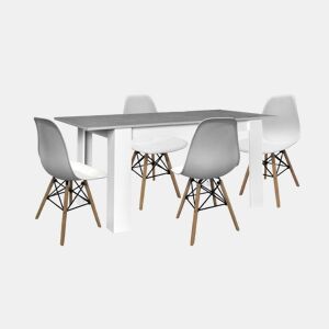 Mesa de jantar ou cozinha extensível em branco e cinzento + 4 cadeiras brancas em estilo nórdico