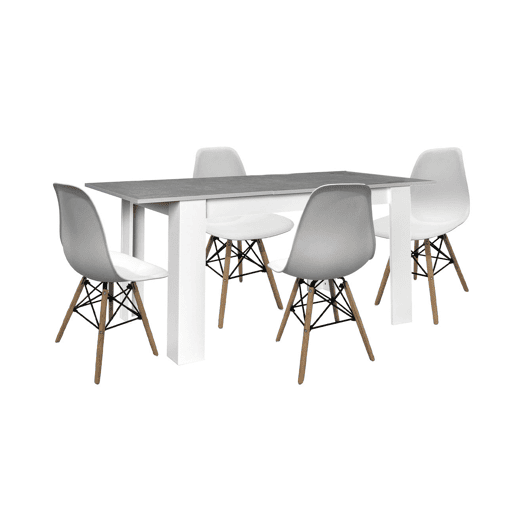 Mesa de jantar ou cozinha extensível em branco e cinzento + 4 cadeiras brancas em estilo nórdico
