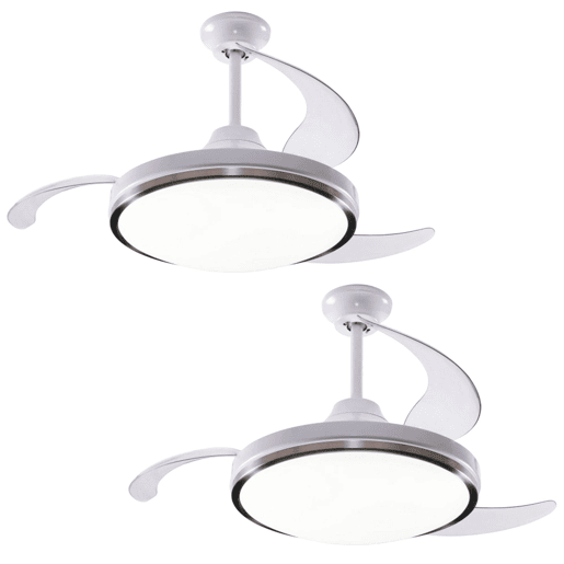 Conjunto de 2 ventoinhas de teto com luz LED Ø53x30cm - pás retráteis, silenciosas, 6 velocidades, comando à distância e 3 tons de luz ajustáveis.