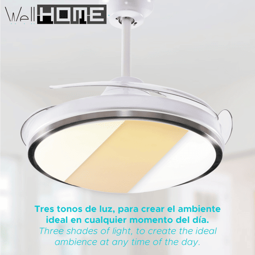 Conjunto de 2 ventoinhas de teto com luz LED Ø53x30cm - pás retráteis, silenciosas, 6 velocidades, comando à distância e 3 tons de luz ajustáveis.