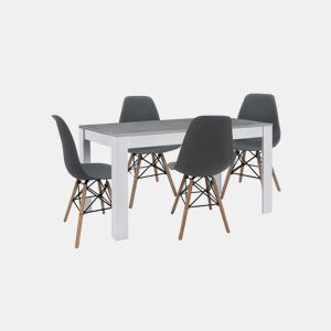 Conjunto de mesa de jantar ou cozinha, branco e cinzento + 4 cadeiras cinzentas em estilo nórdico