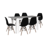 Mesa de jantar ou cozinha extensível em branco e cinzento + 6 cadeiras pretas em estilo nórdico