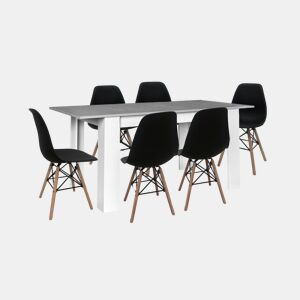Mesa de jantar ou cozinha extensível em branco e cinzento + 6 cadeiras pretas em estilo nórdico