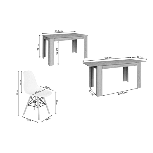 Mesa de jantar ou cozinha extensível em branco e cinzento + 6 cadeiras pretas em estilo nórdico Mesa de jantar ou cozinha extensível em branco e cinzento + 6 cadeiras pretas em estilo nórdico