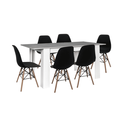 Mesa de jantar ou cozinha extensível em branco e cinzento + 6 cadeiras pretas em estilo nórdico Mesa de jantar ou cozinha extensível em branco e cinzento + 6 cadeiras pretas em estilo nórdico