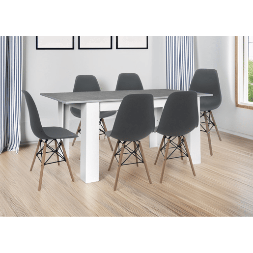 Mesa de jantar ou cozinha extensível em branco e cinzento + 6 cadeiras pretas em estilo nórdico Mesa de jantar ou cozinha extensível em branco e cinzento + 6 cadeiras pretas em estilo nórdico