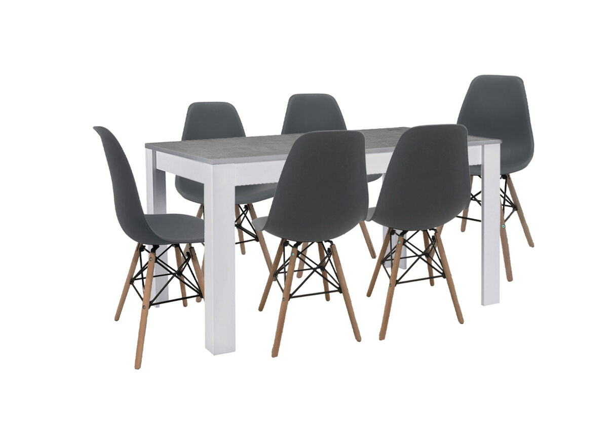 Pack mesa de comedor o cocina fija  blanco y gris + 6 sillas estilo nordico gris
