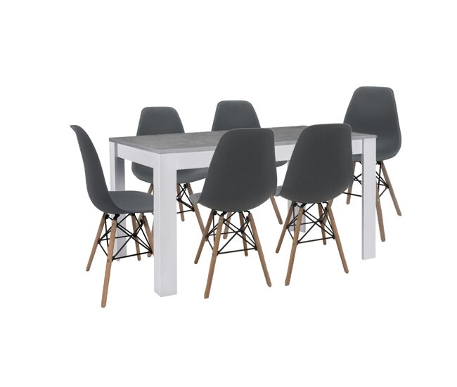 Pack mesa de comedor o cocina fija blanco y gris + 6 sillas estilo nordico gris