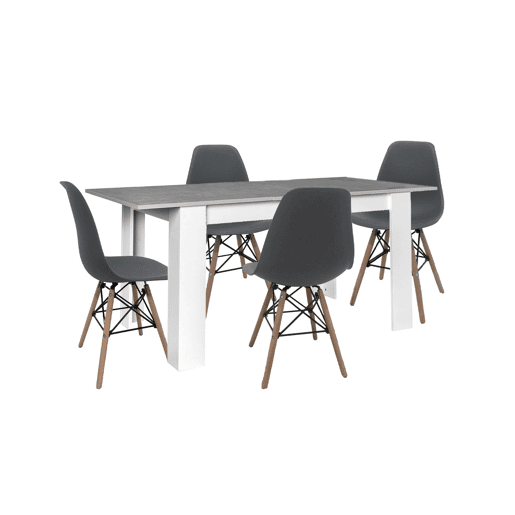 Mesa de jantar ou cozinha extensível em branco e cinzento + 4 cadeiras cinzentas em estilo nórdico Mesa de jantar ou cozinha extensível em branco e cinzento + 4 cadeiras cinzentas em estilo nórdico