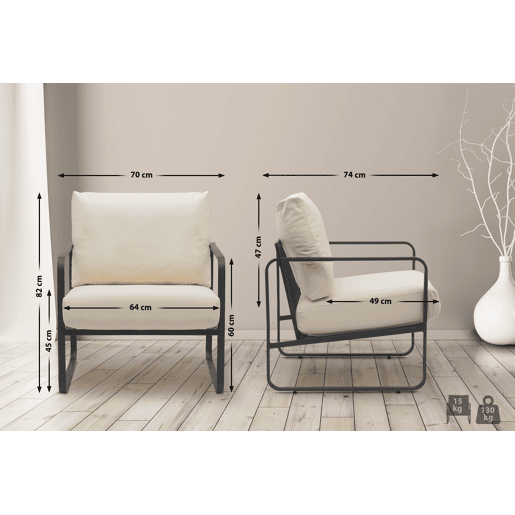 Poltrona de design retrô chique em PVC creme e estrutura de metal preto fosco 10_0002813