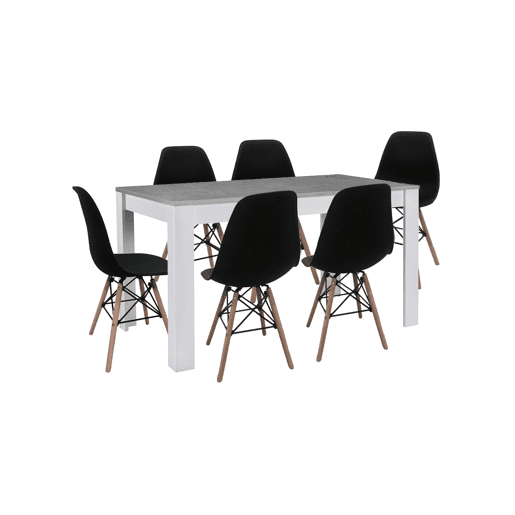 Conjunto de mesa de jantar ou cozinha, branco e cinza + 6 cadeiras pretas em estilo nĂ³rdico Conjunto de mesa de jantar ou cozinha, branco e cinza + 6 cadeiras pretas em estilo nĂ³rdico