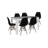 Conjunto de mesa de jantar ou cozinha, branco e cinza + 6 cadeiras pretas em estilo nórdico