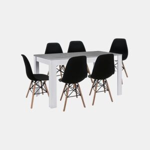 Conjunto de mesa de jantar ou cozinha, branco e cinza + 6 cadeiras pretas em estilo nórdico