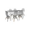 Conjunto de mesa de jantar ou cozinha, branco e cinza + 6 cadeiras brancas em estilo nórdico
