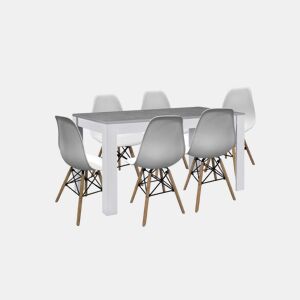 Conjunto de mesa de jantar ou cozinha, branco e cinza + 6 cadeiras brancas em estilo nórdico