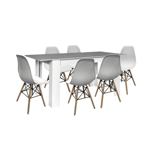 Mesa de jantar ou cozinha extensível em branco e cinzento + 6 cadeiras brancas em estilo nórdico Mesa de jantar ou cozinha extensível em branco e cinzento + 6 cadeiras brancas em estilo nórdico