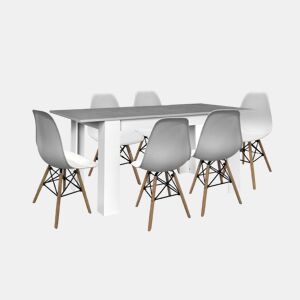 Mesa de jantar ou cozinha extensível em branco e cinzento + 6 cadeiras brancas em estilo nórdico