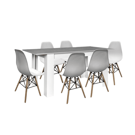 Mesa de jantar ou cozinha extensível em branco e cinzento + 6 cadeiras brancas em estilo nórdico Mesa de jantar ou cozinha extensível em branco e cinzento + 6 cadeiras brancas em estilo nórdico
