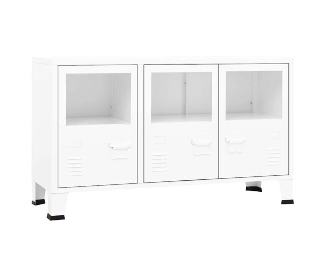 Aparador - mueble de almacenamiento industrial de metal y vidrio blanco 105x35x62 cm es4123