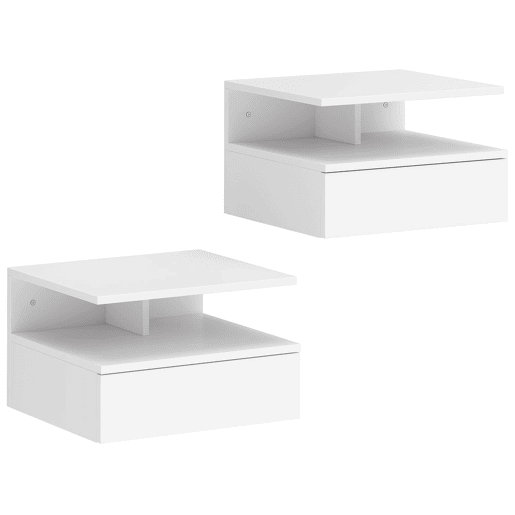 HOMCOM Conjunto de 2 Mesas de Cabeceira Suspensas com Gaveta Mesas de Cabeceira Modernas Montadas na Parede 35x32x22,5 cm Branco