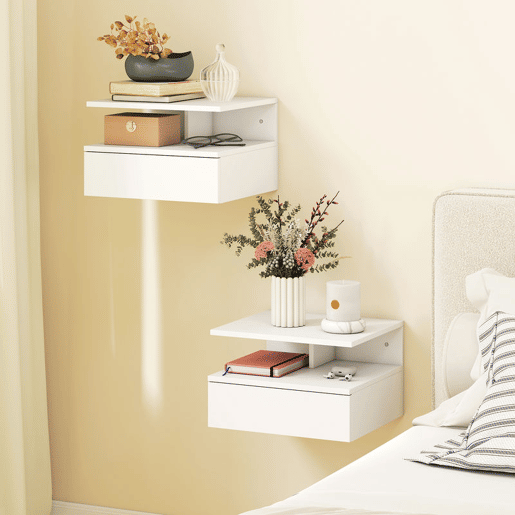 HOMCOM Conjunto de 2 Mesas de Cabeceira Suspensas com Gaveta Mesas de Cabeceira Modernas Montadas na Parede 35x32x22,5 cm Branco