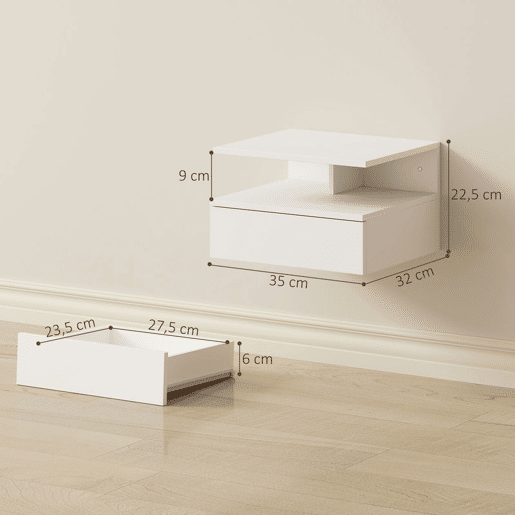 HOMCOM Conjunto de 2 Mesas de Cabeceira Suspensas com Gaveta Mesas de Cabeceira Modernas Montadas na Parede 35x32x22,5 cm Branco