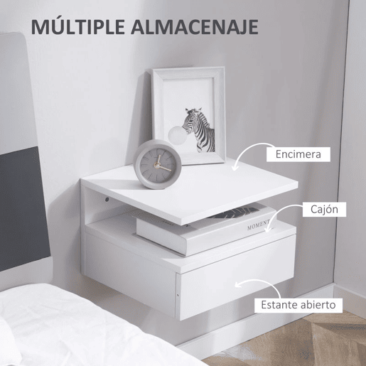 HOMCOM Conjunto de 2 Mesas de Cabeceira Suspensas com Gaveta Mesas de Cabeceira Modernas Montadas na Parede 35x32x22,5 cm Branco