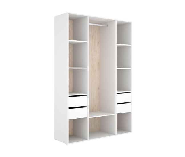 Armario vestidor Suit 4 cajones con barra y compartimentos blanco/natural 205x137,5x45 cm