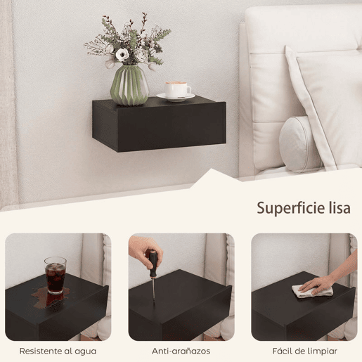 HOMCOM Conjunto de 2 Mesas de Cabeceira de Parede Mesas de Cabeceira Flutuantes com 1 Gaveta Mesas Auxiliares para Quarto Casa Design Simples 40x30x15 cm Preto