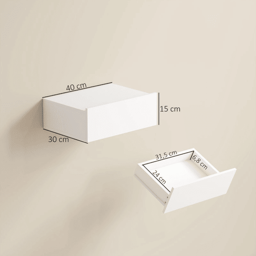 HOMCOM Conjunto de 2 Mesas de Cabeceira de Parede, Mesas de Cabeceira Flutuantes com 1 Gaveta, Estilo Moderno, Mesas Auxiliares para Quarto, Casa, Design Simples, 40x30x15 cm, Branco