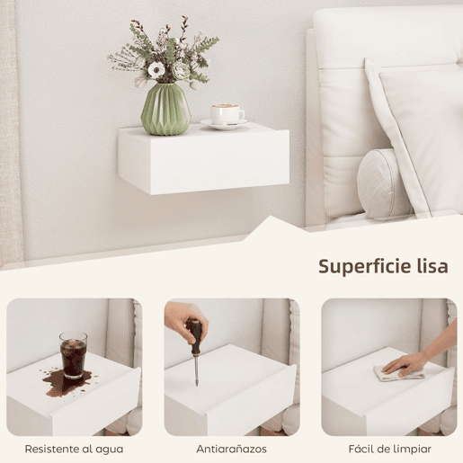 HOMCOM Conjunto de 2 Mesas de Cabeceira de Parede, Mesas de Cabeceira Flutuantes com 1 Gaveta, Estilo Moderno, Mesas Auxiliares para Quarto, Casa, Design Simples, 40x30x15 cm, Branco