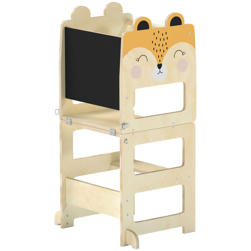 Aiyaplay torre de aprendizaje 3 en 1 plegable, convertible en escritorio y silla, taburete de aprendizaje para niños de 2-5 años con pizarra, dibujos de zorros, para baño, cocina, natural