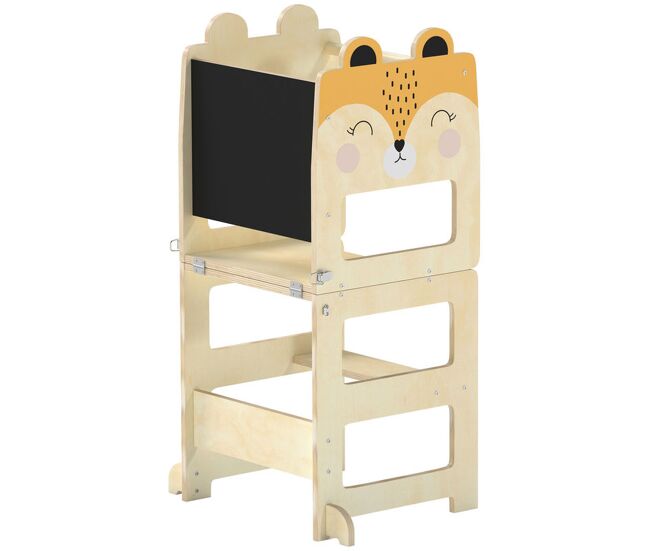 Aiyaplay torre de aprendizaje 3 en 1 plegable, convertible en escritorio y silla, taburete de aprendizaje para niños de 2-5 años con pizarra, dibujos de zorros, para baño, cocina, natural
