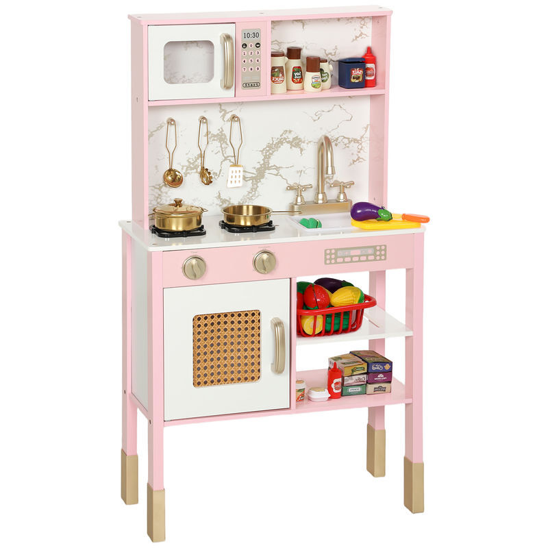 Aiyaplay cocina de juguete de madera con sonido, cocinita infantil con accesorios de acero inoxidable, microondas, horno, fregadero, verduras para cortar, para niños a partir de 3 años, rosa