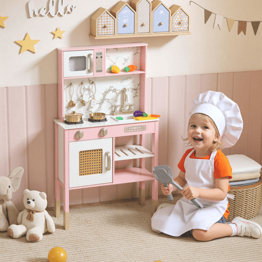 AIYAPLAY Cozinha de Brincar em Madeira com Som Cozinha Infantil com Acessórios em Aço Inoxidável Micro-Ondas Forno Lava-Loiças Legumes para Cortar para Crianças a Partir de 3 Anos 55x24x96 cm Rosa