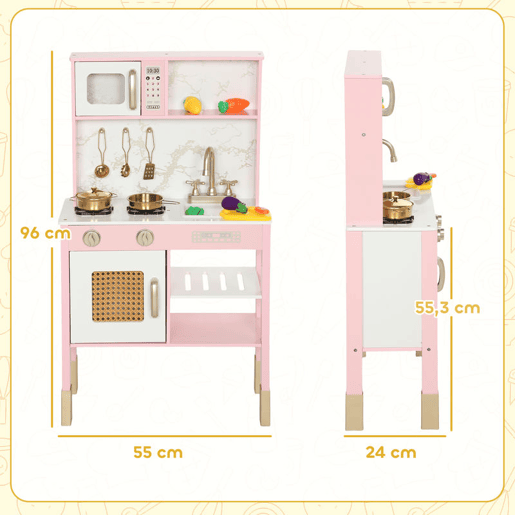 AIYAPLAY Cozinha de Brincar em Madeira com Som Cozinha Infantil com Acessórios em Aço Inoxidável Micro-Ondas Forno Lava-Loiças Legumes para Cortar para Crianças a Partir de 3 Anos 55x24x96 cm Rosa