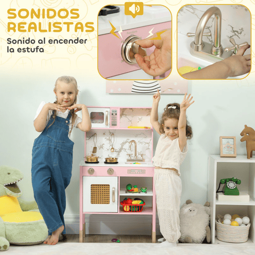 AIYAPLAY Cozinha de Brincar em Madeira com Som Cozinha Infantil com Acessórios em Aço Inoxidável Micro-Ondas Forno Lava-Loiças Legumes para Cortar para Crianças a Partir de 3 Anos 55x24x96 cm Rosa