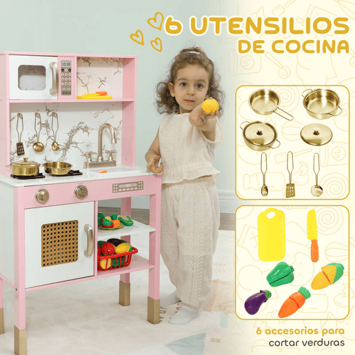 AIYAPLAY Cozinha de Brincar em Madeira com Som Cozinha Infantil com Acessórios em Aço Inoxidável Micro-Ondas Forno Lava-Loiças Legumes para Cortar para Crianças a Partir de 3 Anos 55x24x96 cm Rosa