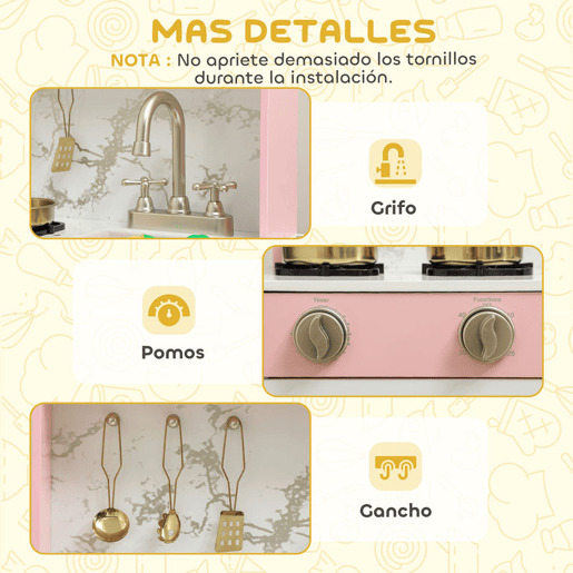 AIYAPLAY Cozinha de Brincar em Madeira com Som Cozinha Infantil com Acessórios em Aço Inoxidável Micro-Ondas Forno Lava-Loiças Legumes para Cortar para Crianças a Partir de 3 Anos 55x24x96 cm Rosa