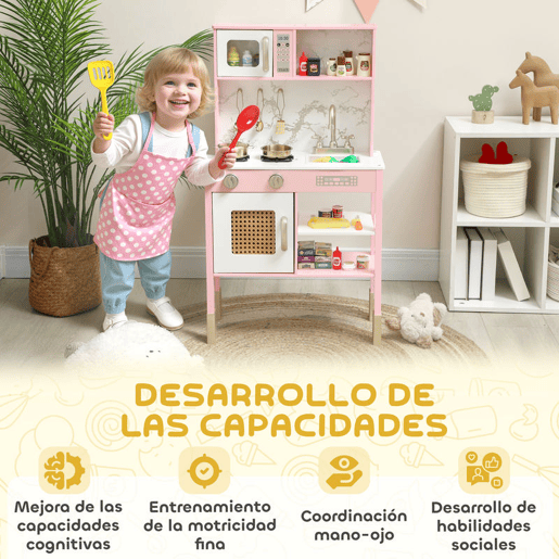 AIYAPLAY Cozinha de Brincar em Madeira com Som Cozinha Infantil com Acessórios em Aço Inoxidável Micro-Ondas Forno Lava-Loiças Legumes para Cortar para Crianças a Partir de 3 Anos 55x24x96 cm Rosa