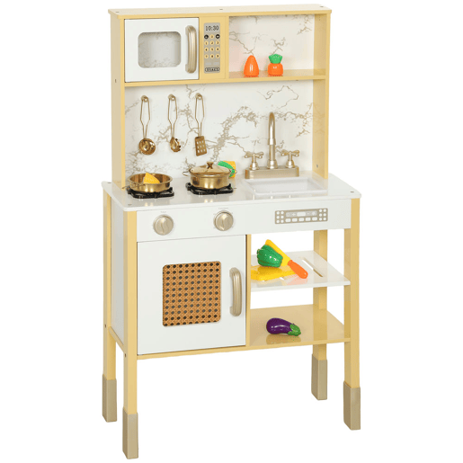 AIYAPLAY Cozinha de Brincar em Madeira com Som Cozinha Infantil com Acessórios em Aço Inoxidável Micro-Ondas Forno Lava-Loiças Legumes para Cortar para Crianças a Partir de 3 Anos 55x24x96 cm Dourado
