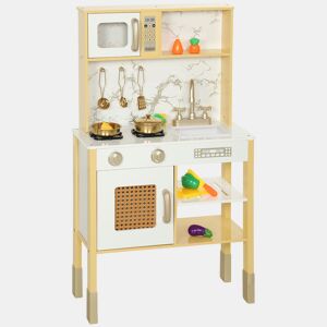 AIYAPLAY Cozinha de Brincar em Madeira com Som Cozinha Infantil com Acessórios em Aço Inoxidável Micro-Ondas Forno Lava-Loiças Legumes para Cortar para Crianças a Partir de 3 Anos 55x24x96 cm Dourado