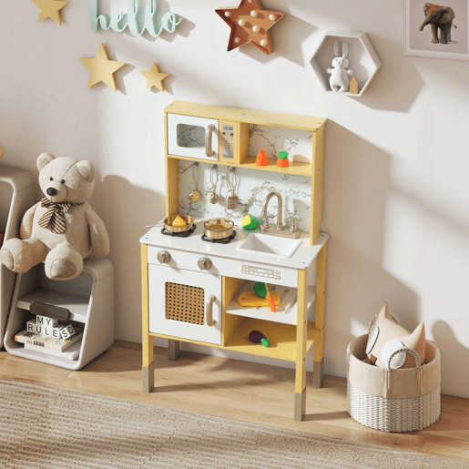 AIYAPLAY Cozinha de Brincar em Madeira com Som Cozinha Infantil com Acessórios em Aço Inoxidável Micro-Ondas Forno Lava-Loiças Legumes para Cortar para Crianças a Partir de 3 Anos 55x24x96 cm Dourado