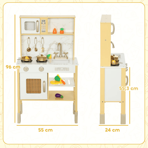 AIYAPLAY Cozinha de Brincar em Madeira com Som Cozinha Infantil com Acessórios em Aço Inoxidável Micro-Ondas Forno Lava-Loiças Legumes para Cortar para Crianças a Partir de 3 Anos 55x24x96 cm Dourado