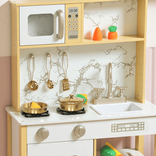 AIYAPLAY Cozinha de Brincar em Madeira com Som Cozinha Infantil com Acessórios em Aço Inoxidável Micro-Ondas Forno Lava-Loiças Legumes para Cortar para Crianças a Partir de 3 Anos 55x24x96 cm Dourado