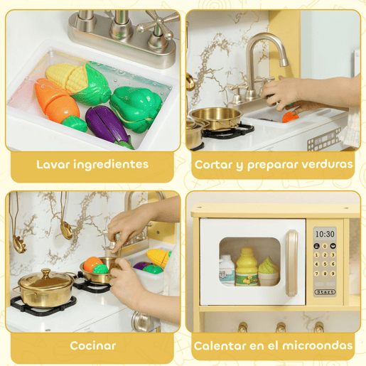AIYAPLAY Cozinha de Brincar em Madeira com Som Cozinha Infantil com Acessórios em Aço Inoxidável Micro-Ondas Forno Lava-Loiças Legumes para Cortar para Crianças a Partir de 3 Anos 55x24x96 cm Dourado