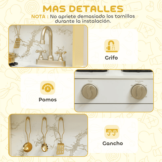 AIYAPLAY Cozinha de Brincar em Madeira com Som Cozinha Infantil com Acessórios em Aço Inoxidável Micro-Ondas Forno Lava-Loiças Legumes para Cortar para Crianças a Partir de 3 Anos 55x24x96 cm Dourado