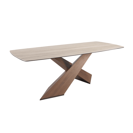 Mesa de jantar ovalada barril porcelanato areia com pés nogueira Angel Cerdá Mesa de jantar ovalada barril porcelanato areia com pés nogueira Angel Cerdá