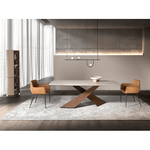 Mesa de jantar ovalada barril porcelanato areia com pés nogueira Angel Cerdá Mesa de jantar ovalada barril porcelanato areia com pés nogueira Angel Cerdá